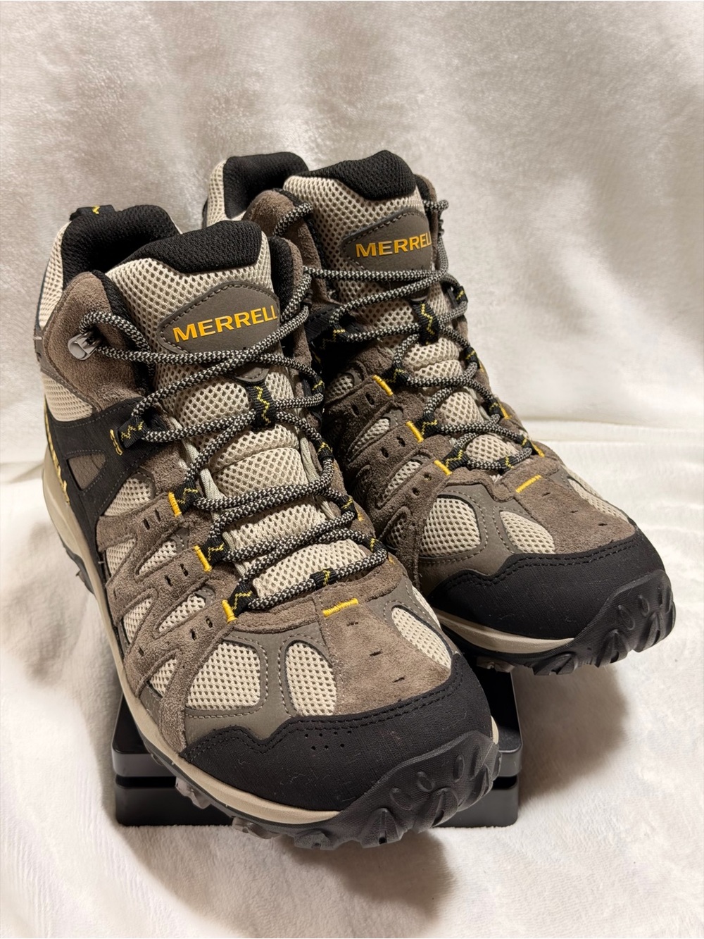 Merrell Men's Hiking Boots in Taupe, Black & Yellow Accents - Picture 3 of 13